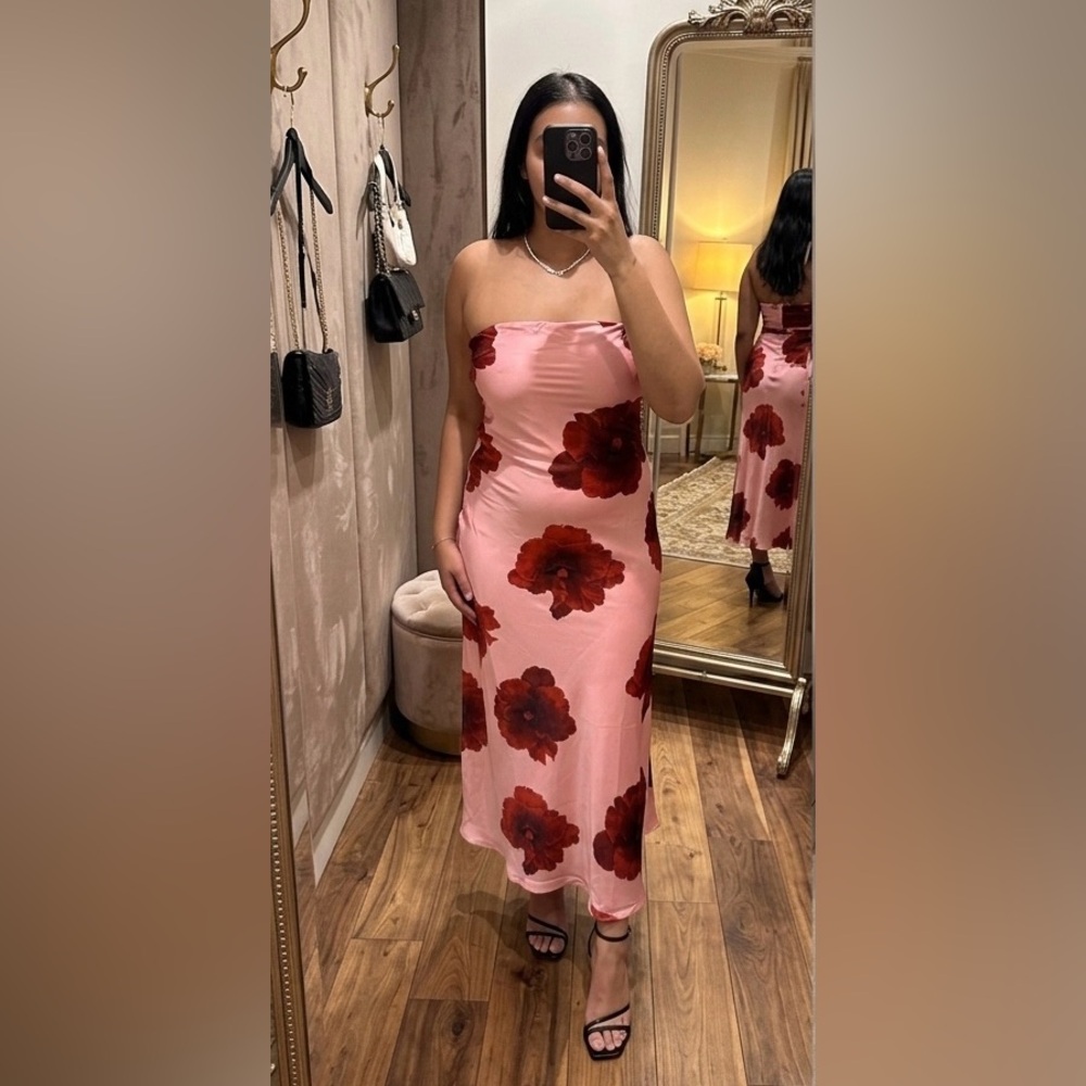 Strapless Pink Floral Satin Midi Dress with Red Blossoms